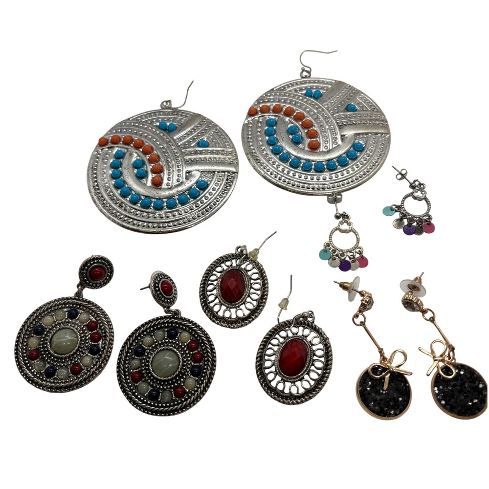 Bohemian Statement‎ Earring Lot 5 Pairs Silver Gold Tone Beaded Tribal Fashion